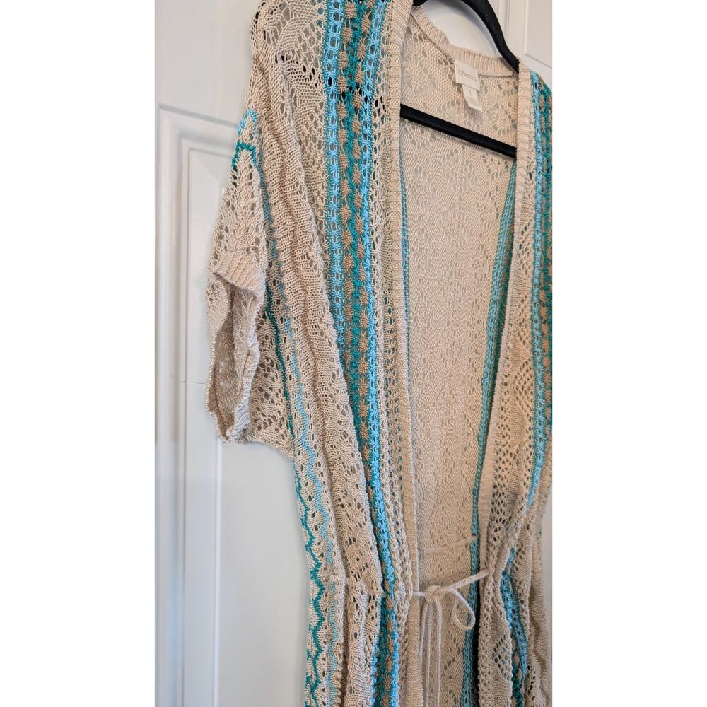Chico’s 100% Linen Open Knit Duster Cardigan Kimono Cover Up Size 1 Coastal - Picture 4 of 6